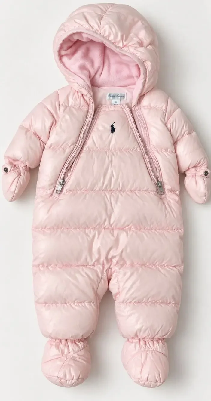 Ralph Lauren Baby Girls Pink Puffer Snowsuit 3M Hooded Footed Bunting